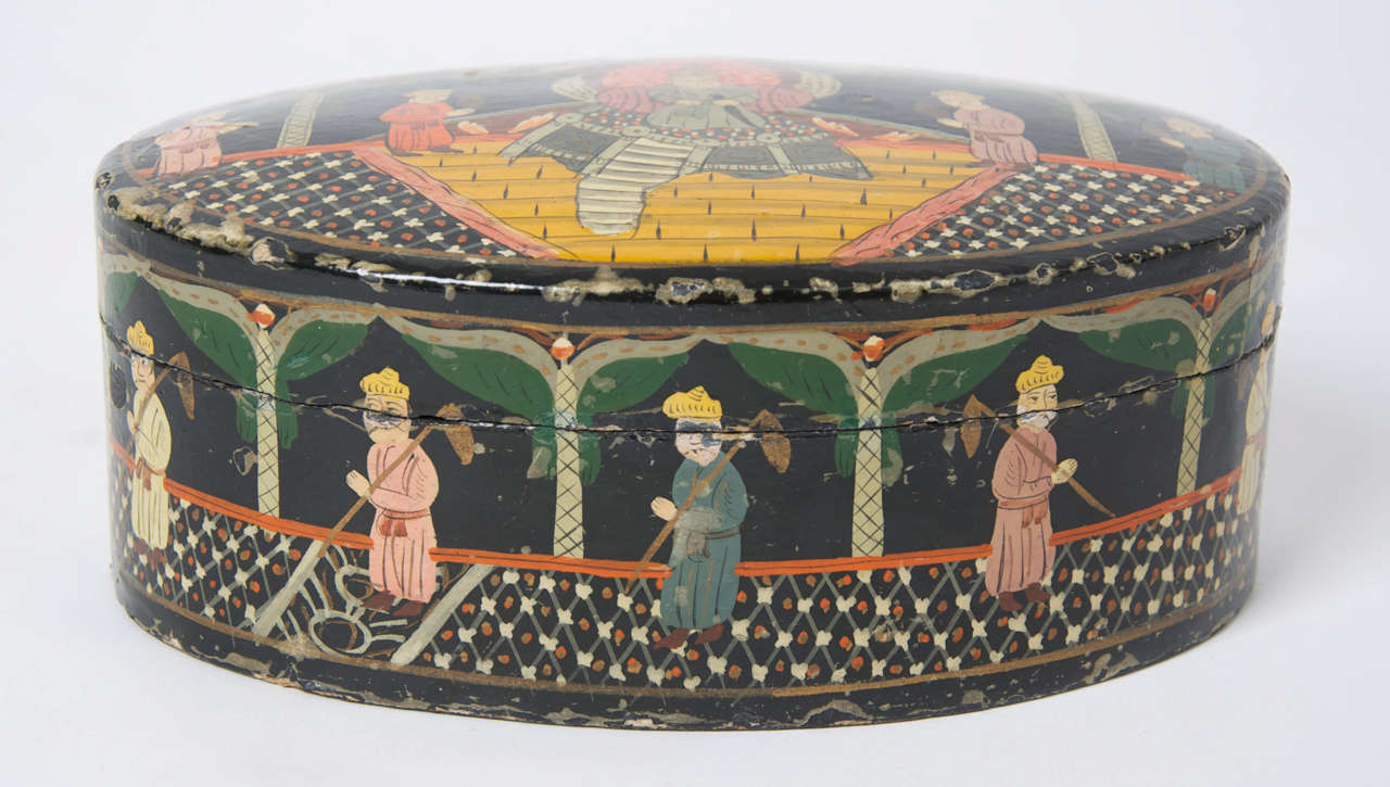 Early 19th C. Laquered, Chinoiserie, Papier Mache, Oval LIDDED BOX