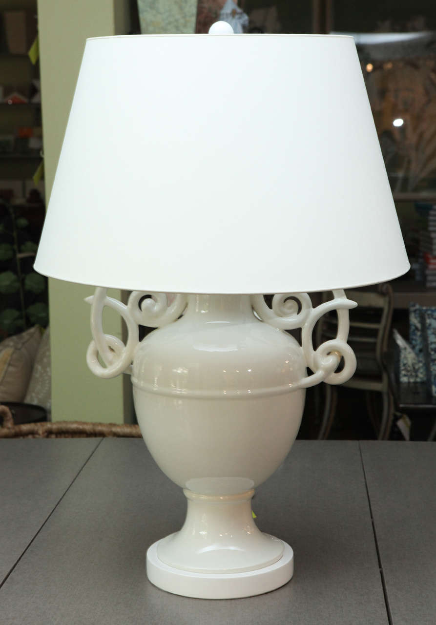 A White Ceramic Giacometti-Attributed Table Lamp, c. 1950 from the estate of Frances Elkins' daughter.  Restored with a new paper vellum shade.