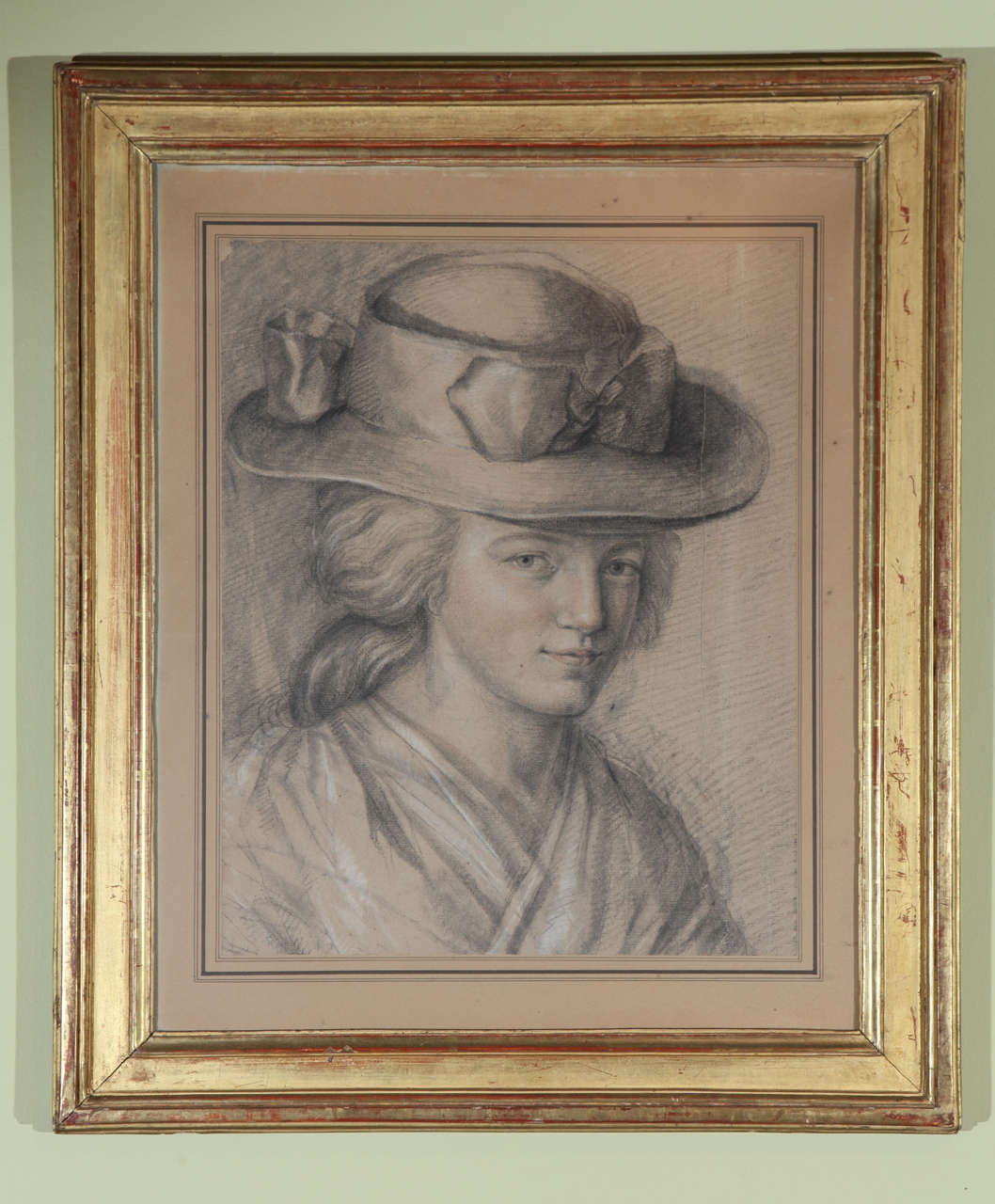 A French Drawing of a Lady in a Hat in a Gilt Frame, c. 1830 In Excellent Condition In Los Angeles, CA
