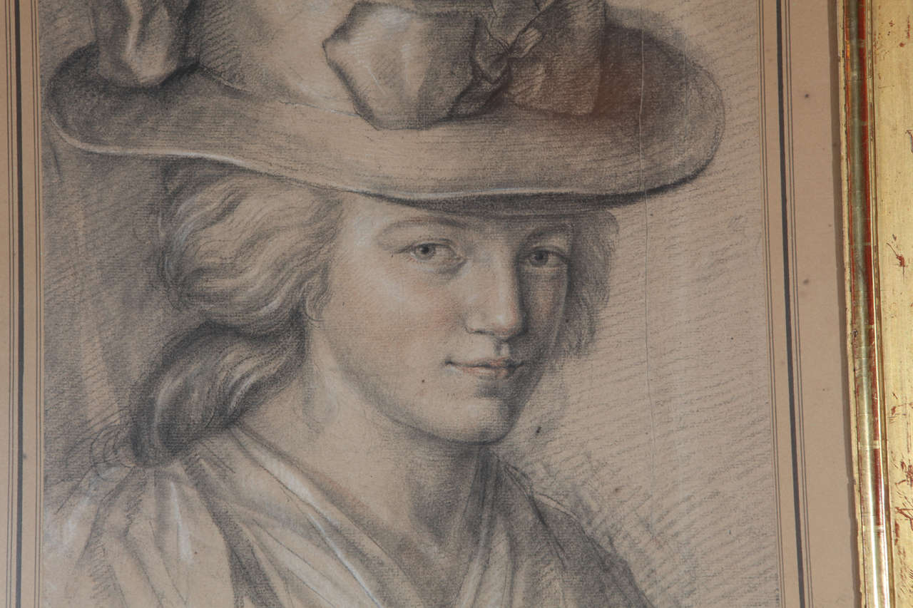 A French Drawing of a Lady in a Hat in a Gilt Frame, c. 1830 1