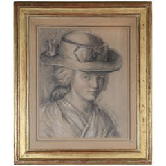 A French Drawing of a Lady in a Hat in a Gilt Frame, c. 1830