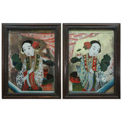 A pair of Chinese Export Paintings of Beauties, c. 1870