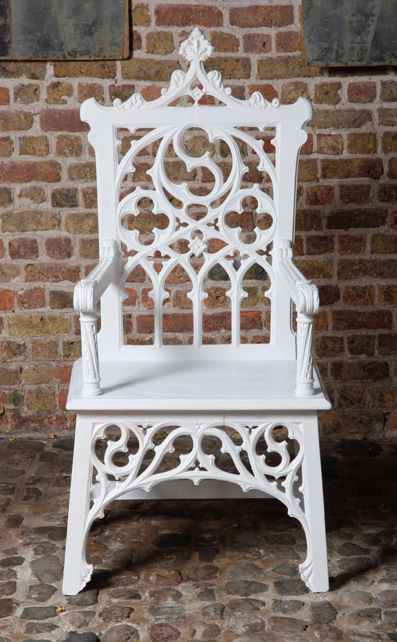 British english white painted gothic revival throne chair For Sale