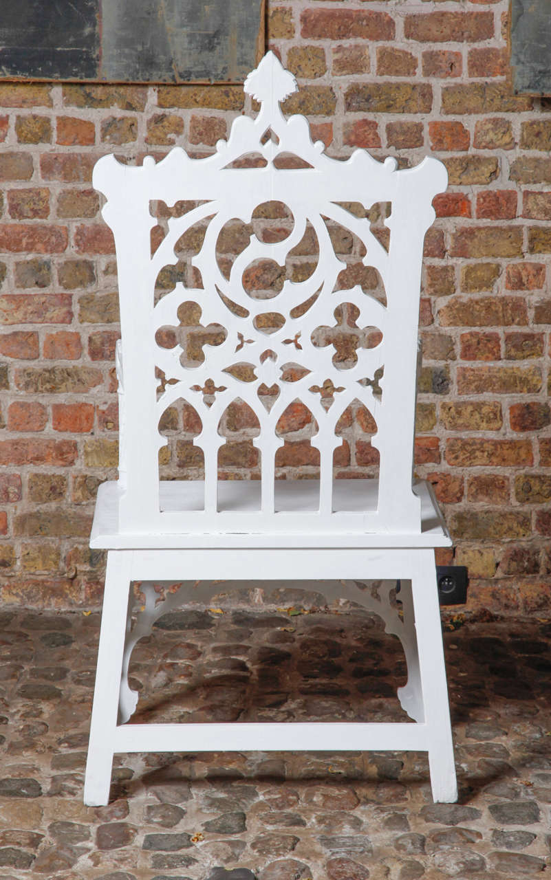Oak english white painted gothic revival throne chair For Sale