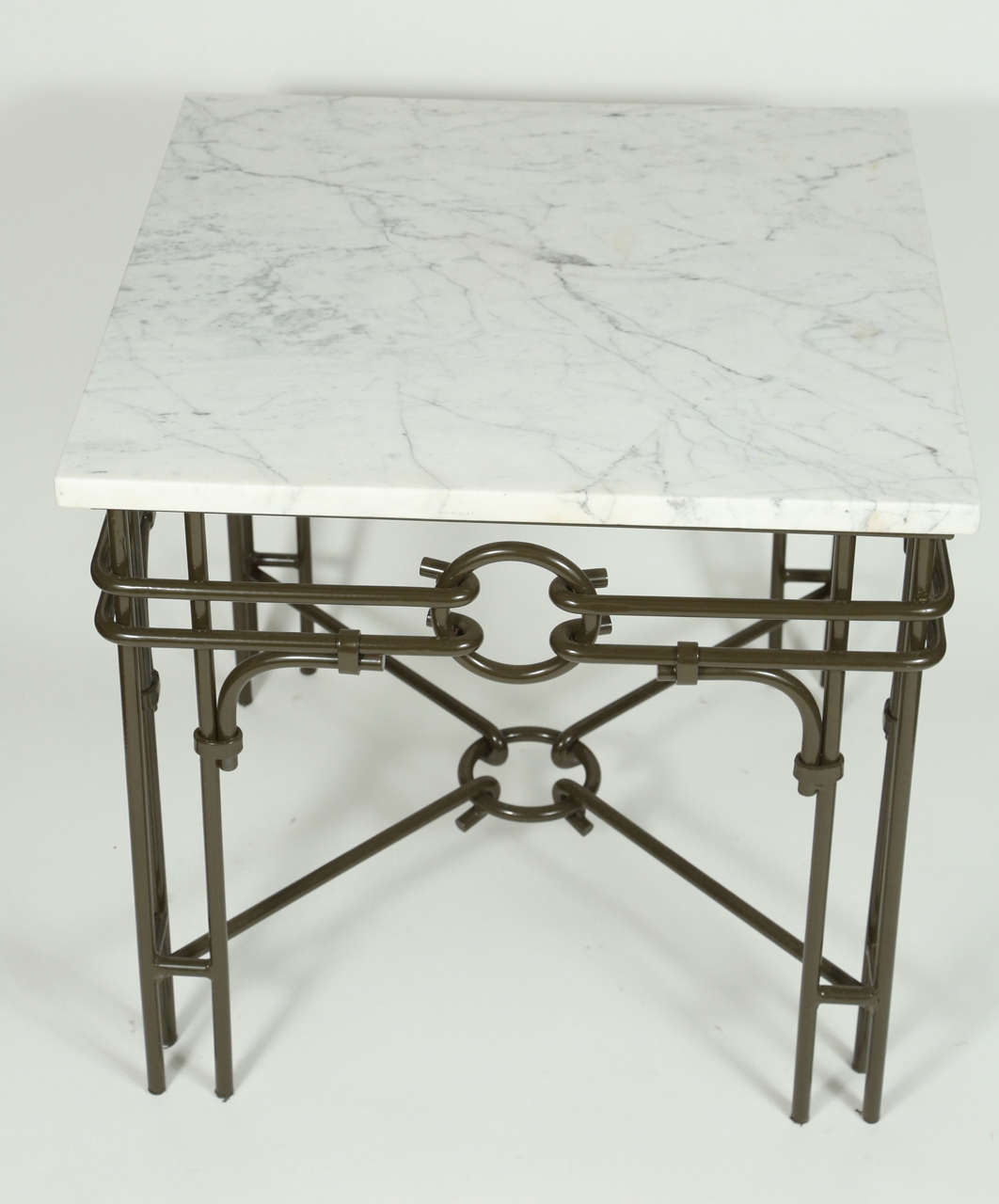 Vintage iron base side table with a new powder coated finish and vintage marble top.