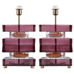 Vintage Pair of Massive Amethyst/Cranberry Glass Slab Lamps by Venini