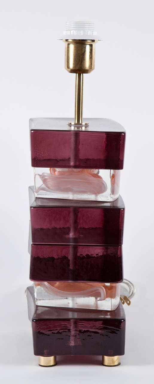 Pair of Massive Amethyst/Cranberry Glass Slab Lamps by Venini 1