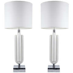 Pair of 1960's Modernist White Enamel and Chrome Lamps by Aldo Nason