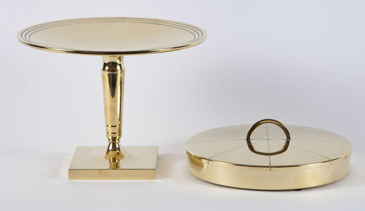 Fantastic set of 2 Brass serving pieces, comprised of 1 compote and 1 covered candy dish designed by Tommi Parzinger.

Compote measures 9