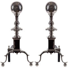 Pair of Hollywood Regency Polished Nickel Cannonball Andirons
