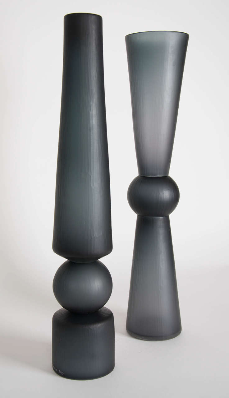 Large' Balustrade' pair of vases by Simon Moore. Assembled and glued components of blown glass with battuto cut surface. Dimensions indicated for each piece.
