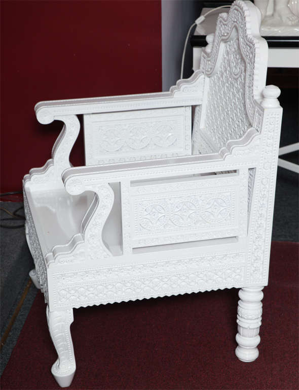 Wood Carved Chair White Morocco Mastercraftsman Intricate Design Lacquered 3