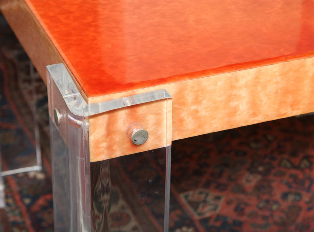 American Lucite Side or Entrance Table Vintage Hermes Orange Lucite and Laminate on Wood