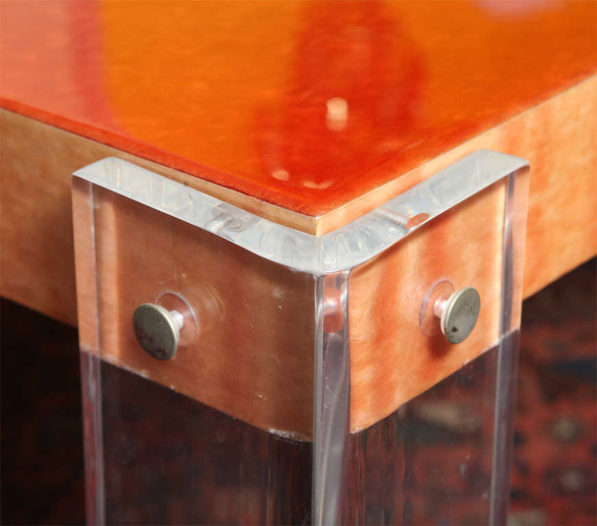 Lucite Side or Entrance Table Vintage Hermes Orange Lucite and Laminate on Wood 1