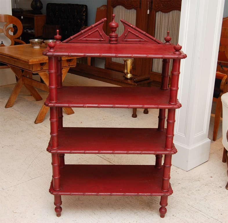 Charming red Victorian faux-bamboo three tier etagere