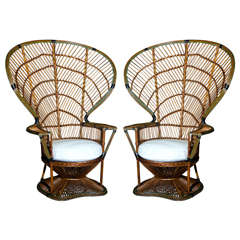 Antique Pair Early 20th Century Rattan Fan-Back Armchairs