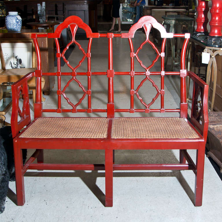 American Painted Chippendale Style Bench, Perfect Cane Seat