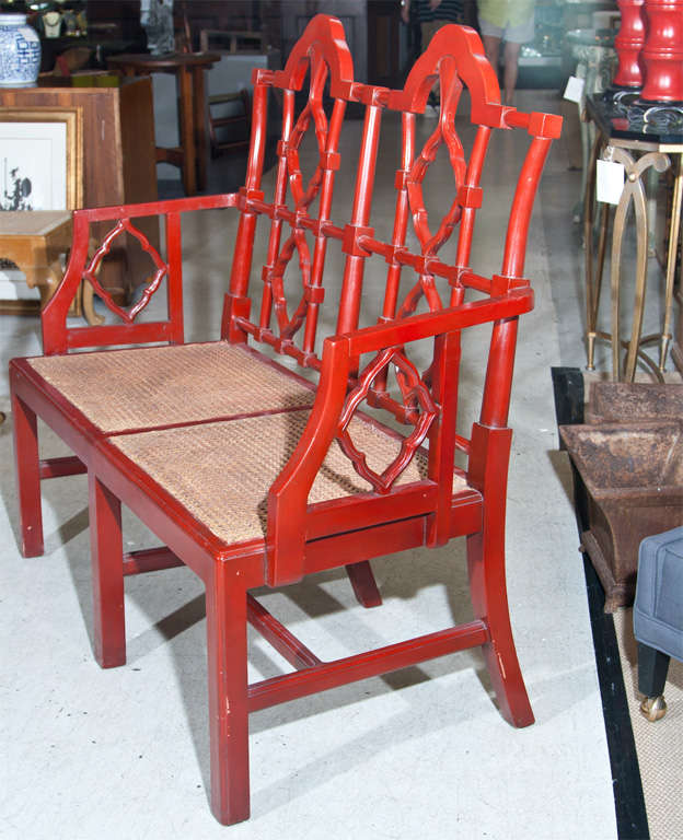 Painted Chippendale Style Bench, Perfect Cane Seat In Excellent Condition In Stamford, CT
