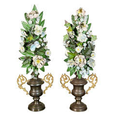 Pair of 19th C Italian Tole Altar Flowers in Urns