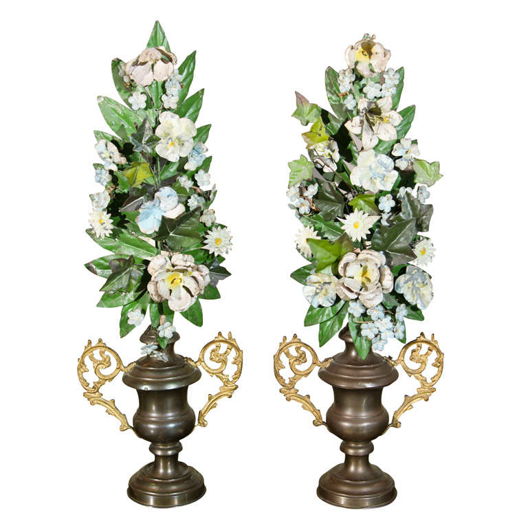Pair of 19th C Italian Tole Altar Flowers in Urns