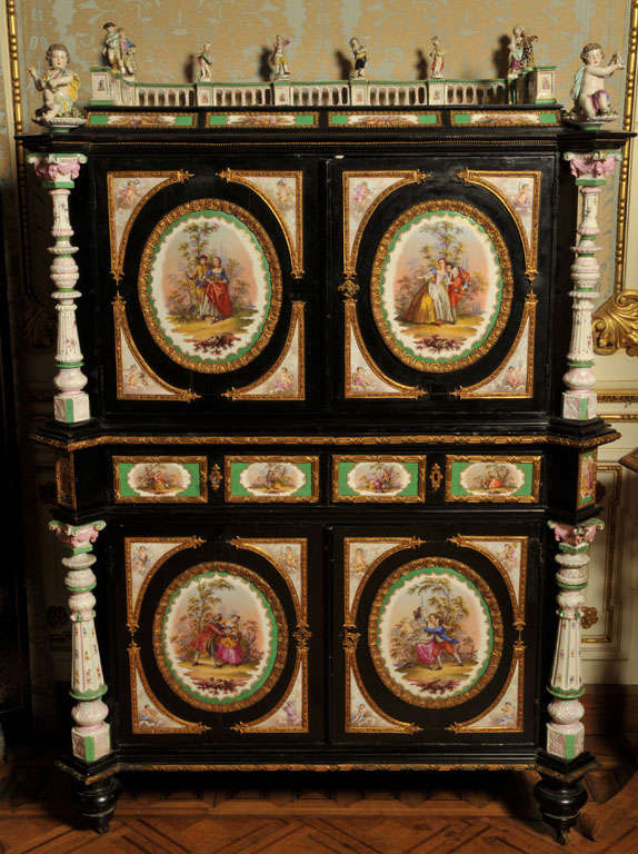 German Cabinet with Meissen porcelain plaques For Sale