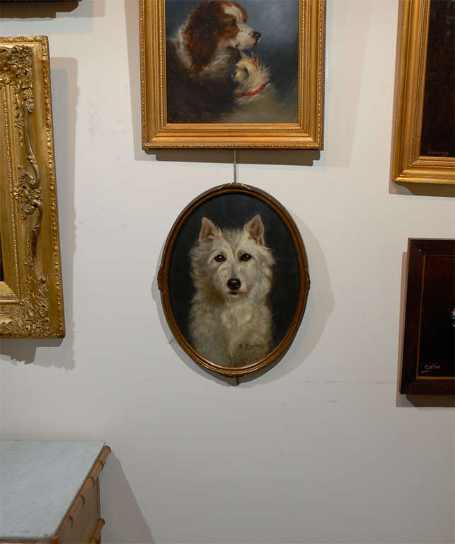 English oil painting on board of a white Terrier in an oval gilt frame.