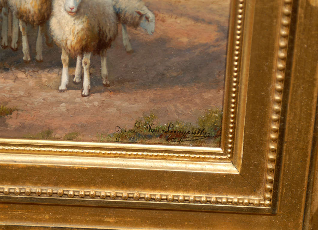 Belgian 19th Century Pastoral Oil Painting with Shepherd Driving His Flock at Sunset
