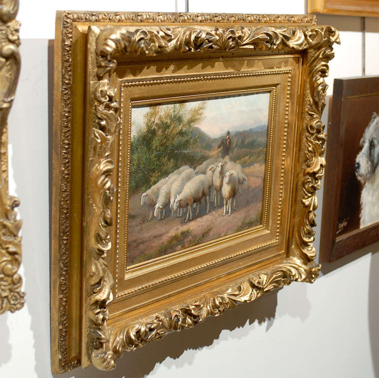 19th Century Pastoral Oil Painting with Shepherd Driving His Flock at Sunset 1