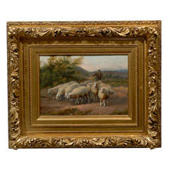 19th Century Pastoral Oil Painting with Shepherd Driving His Flock at Sunset