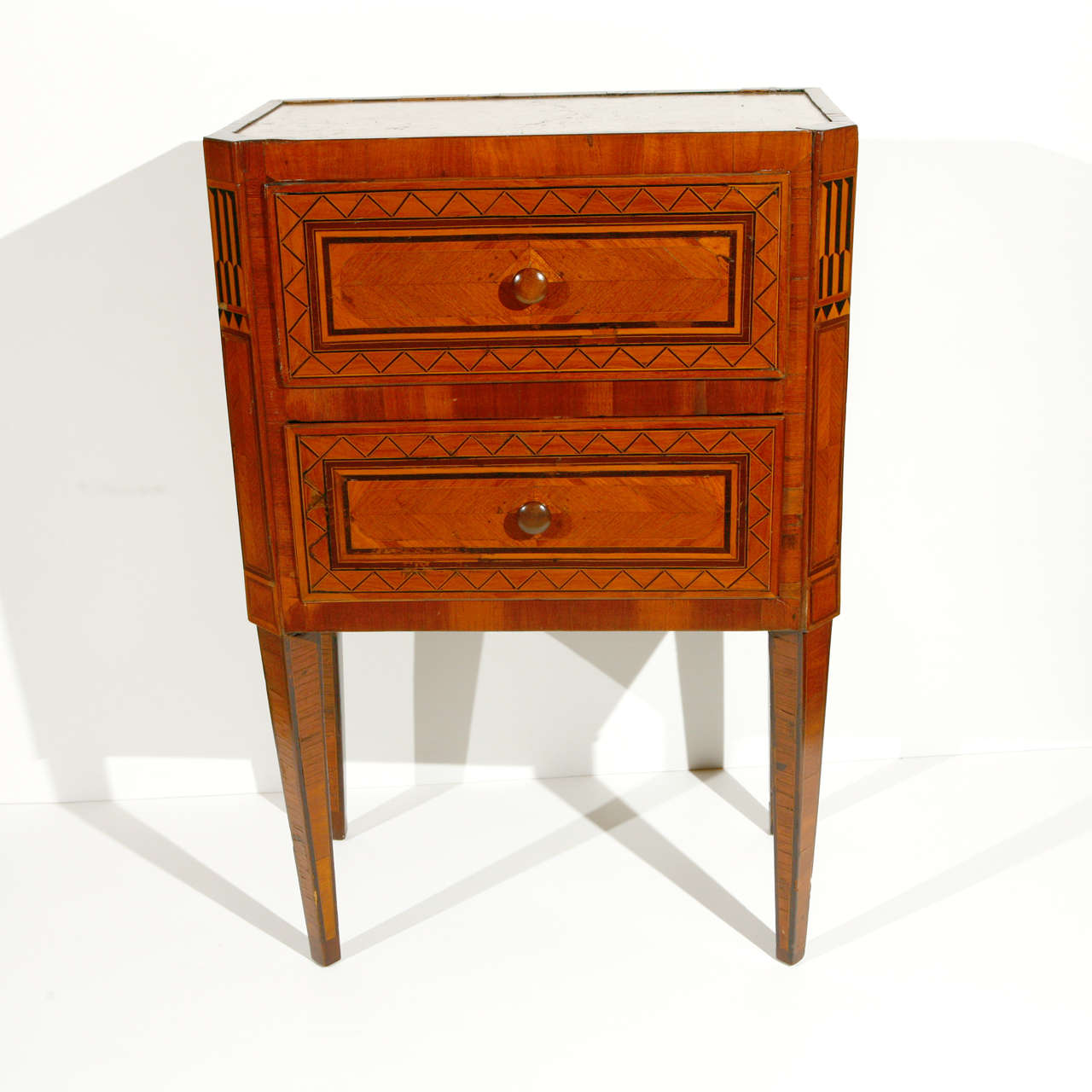 Two-drawer, Neoclasssical, parquetry, bedside table with inset, marble top.