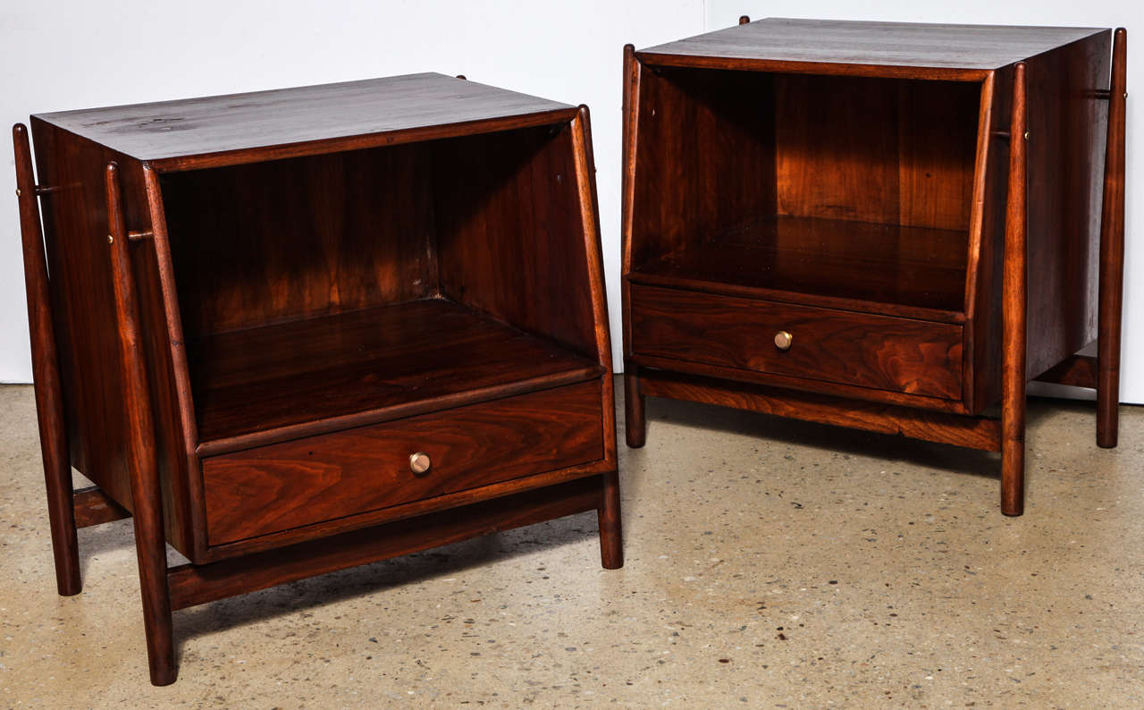 2 Dark Walnut Kipp Stewart and Stewart MacDougall, American Furniture for Drexel Bed Side Tables.  Complete with tapered doweled exterior legs, lower drawer and plenty of open storage space.  Also good as End Tables or Side Tables.  stamped inside