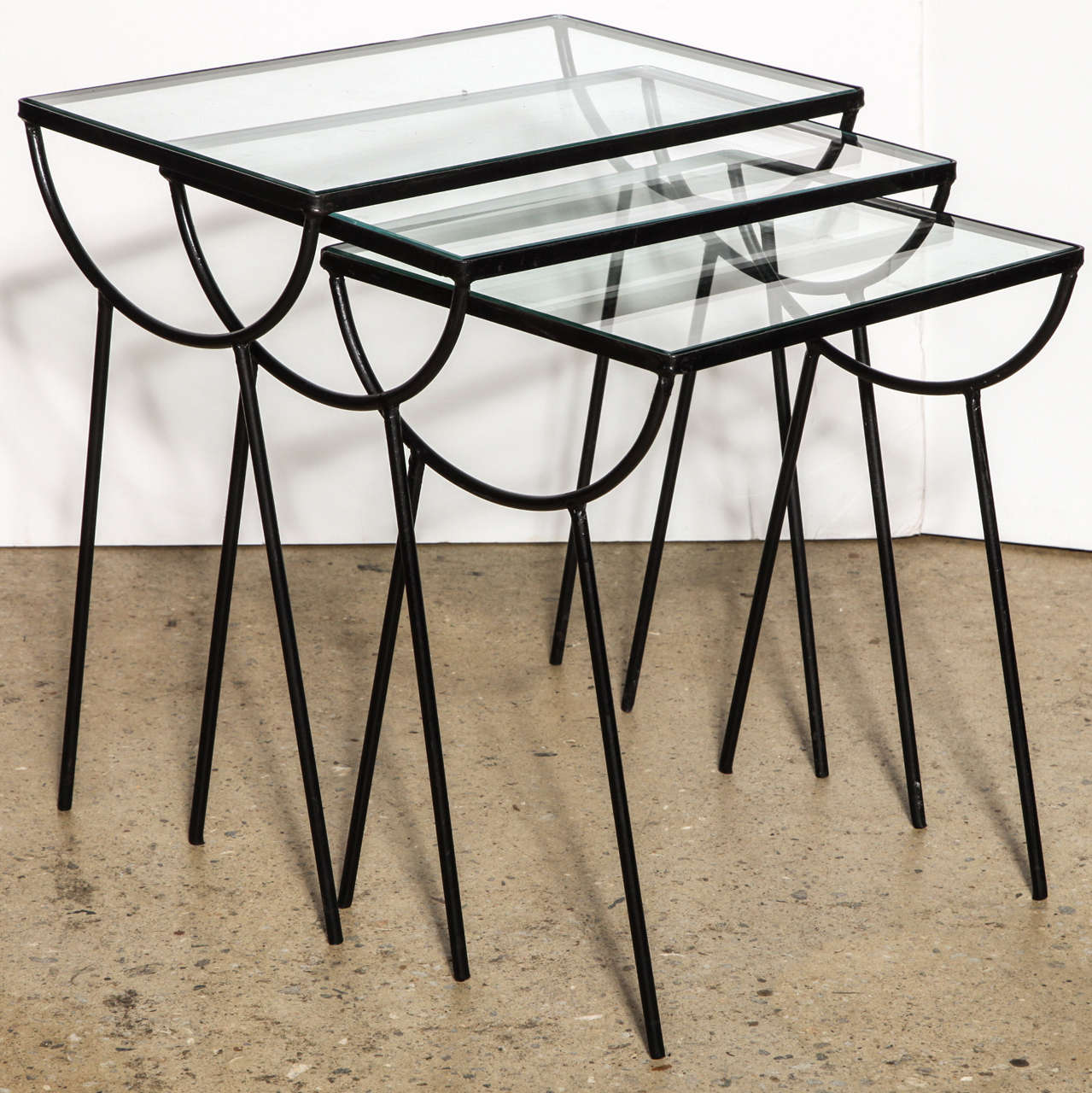 3 George Nelson style for Wrought Iron and Glass Indoor Outdoor Occasional Tables.  Complete with new 3/8