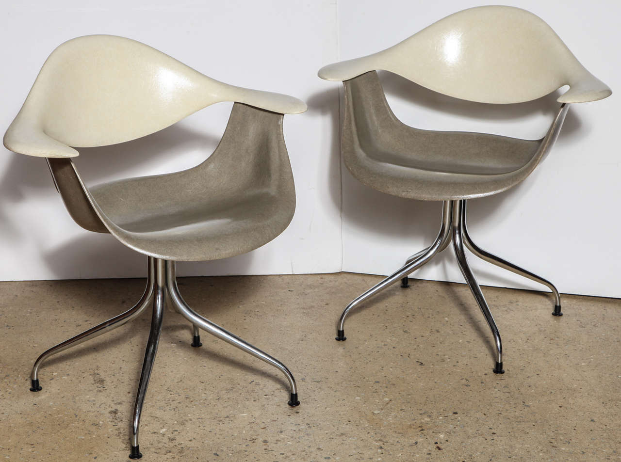 rare, matched set of 4, signed, two tone George Nelson for Herman Miller molded Fiberglass DAF Arm Chairs.  Taupe, Brown back with Cream, Beige seat on 4 Chrome swag legs