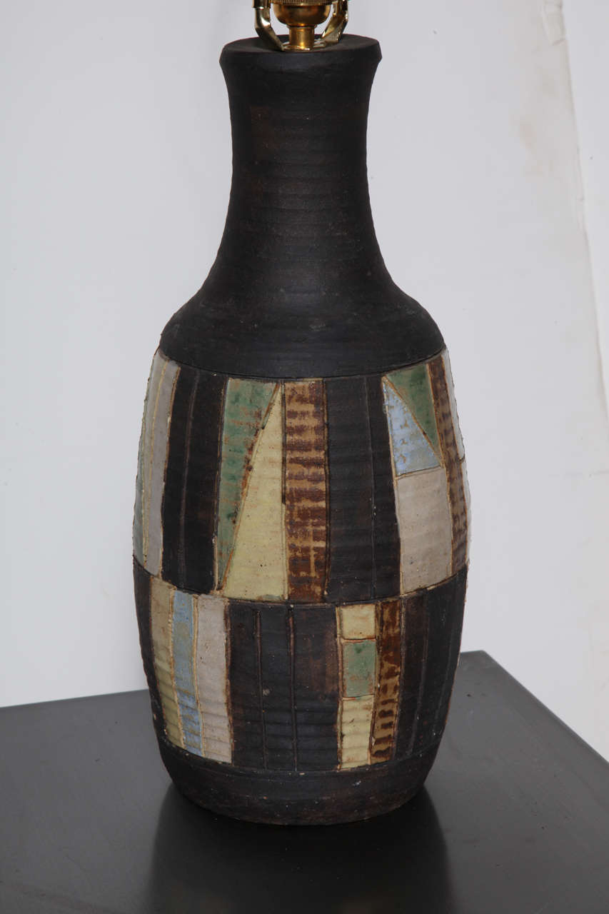 Italian Dark Charcoal Pottery Table Lamp with Glazed Patchwork Pattern, 1950s  For Sale