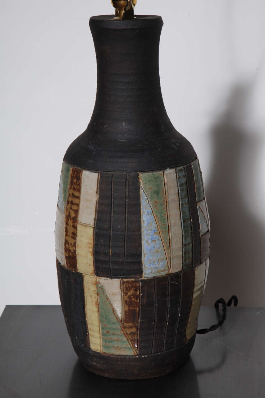 Ceramic Dark Charcoal Pottery Table Lamp with Glazed Patchwork Pattern, 1950s  For Sale