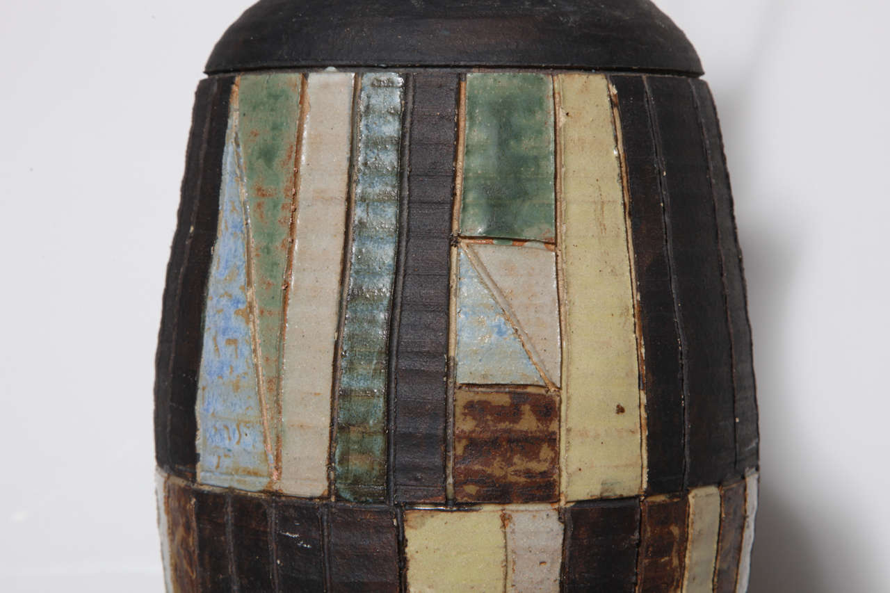 Dark Charcoal Pottery Table Lamp with Glazed Patchwork Pattern, 1950s  For Sale 1