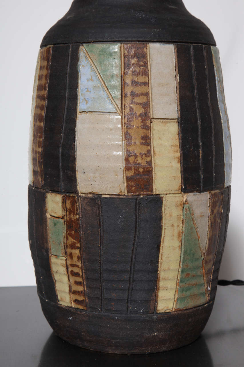 Dark Charcoal Pottery Table Lamp with Glazed Patchwork Pattern, 1950s  For Sale 2