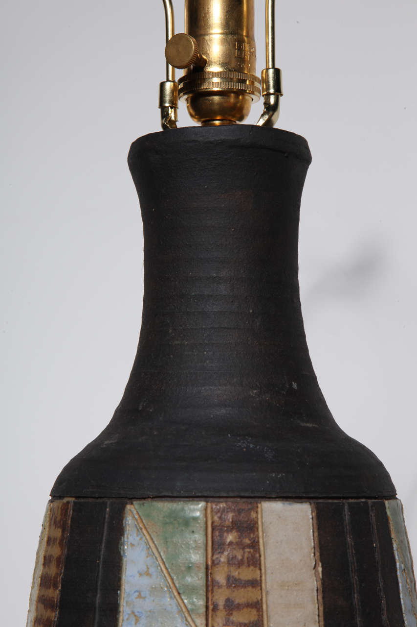 Mid-20th Century Dark Charcoal Pottery Table Lamp with Glazed Patchwork Pattern, 1950s  For Sale