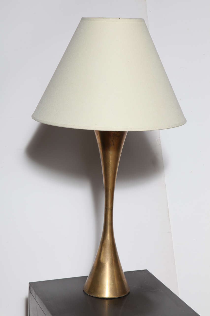 Mid Century Modern Stewart Ross James for Hansen Lighting Company Brass Table Lamp.  Featuring a patinated All Brass corseted form. Sculptural. Entryway. Desk. Den. Study. Corner. Shade for display only.  Rewired with braided cloth cord