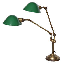 adjustable Double Headed "Faries" All Brass Library Lamp with Green Shades