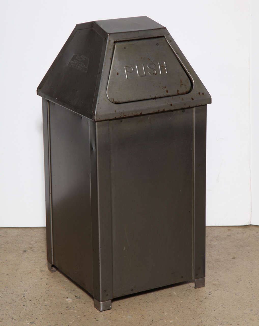 Two rare, classic, smaller vintage Double Sided Swing Dome Top Sanitary Cans. Featuring PUSH lettering on two-sided Steel push lid with removable liner. These downsized municipal Waste Cans are perfect for home use. Useful option for providing two