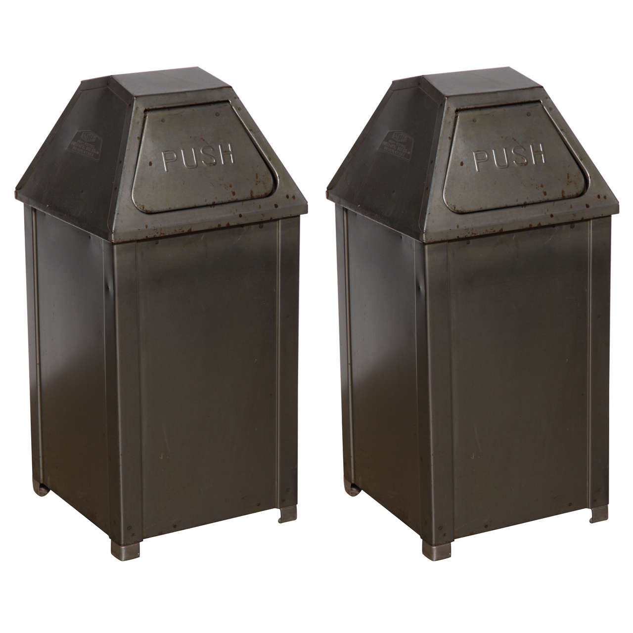 Pair of Mid-Century Industrial Mini "PUSH" Steel Trash Cans