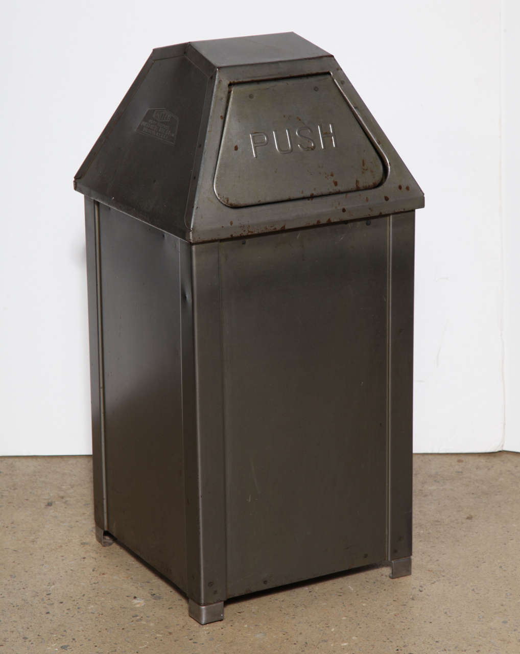 Pair of MidCentury Industrial Mini "PUSH" Steel Trash Cans at 1stdibs