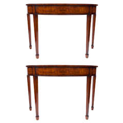 Early C20th pair of satinwood and marquetry demilune pier tables