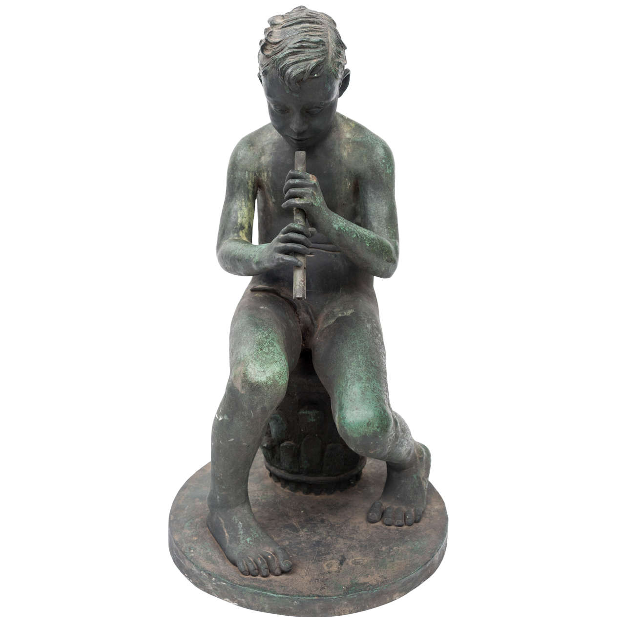 Bronze Sculpture of Young Boy Playing Flute