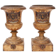 Important Pair of Tole Urns with Original Royal Crests Decoration