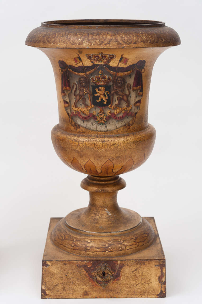 Regency Important Pair of Tole Urns with Original Royal Crests Decoration