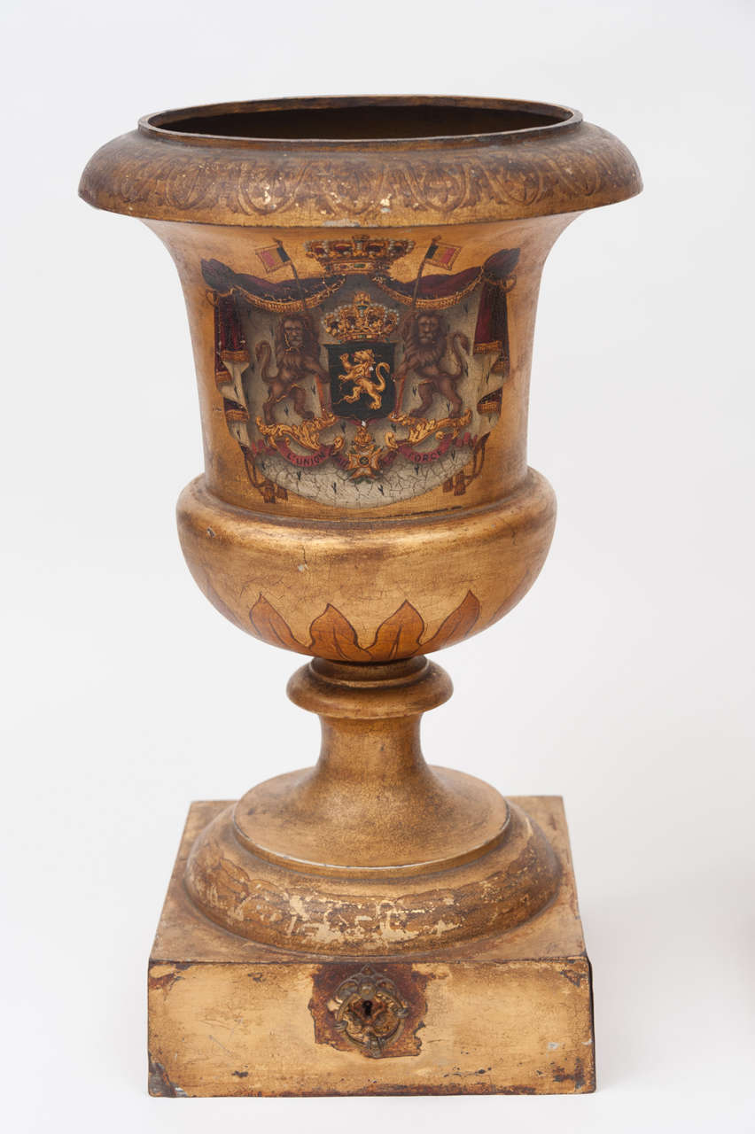 French Important Pair of Tole Urns with Original Royal Crests Decoration