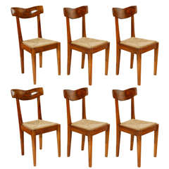 Antique Set of Six Italian Olive Wood and Rush Dining Chairs