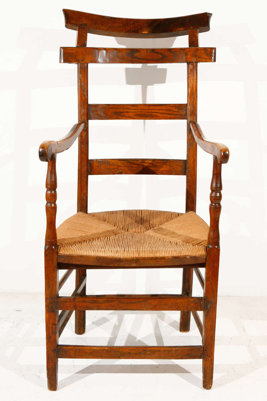 Folk Art Ladder Back Oak and Elm Chair with Rush Seat